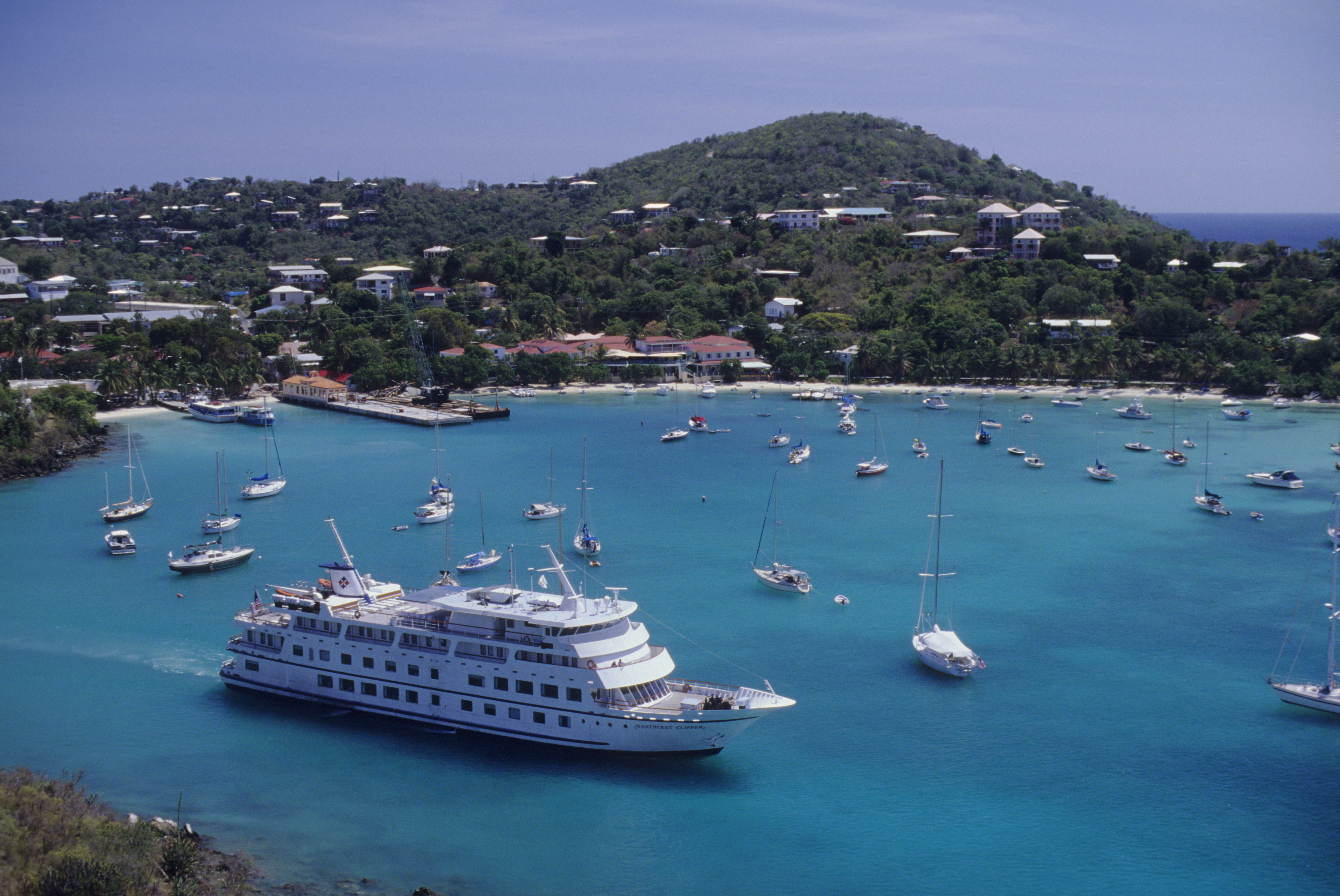 Us Virgin Island, St. Johns, Aerial View Of Cruz Bay, Cruise...