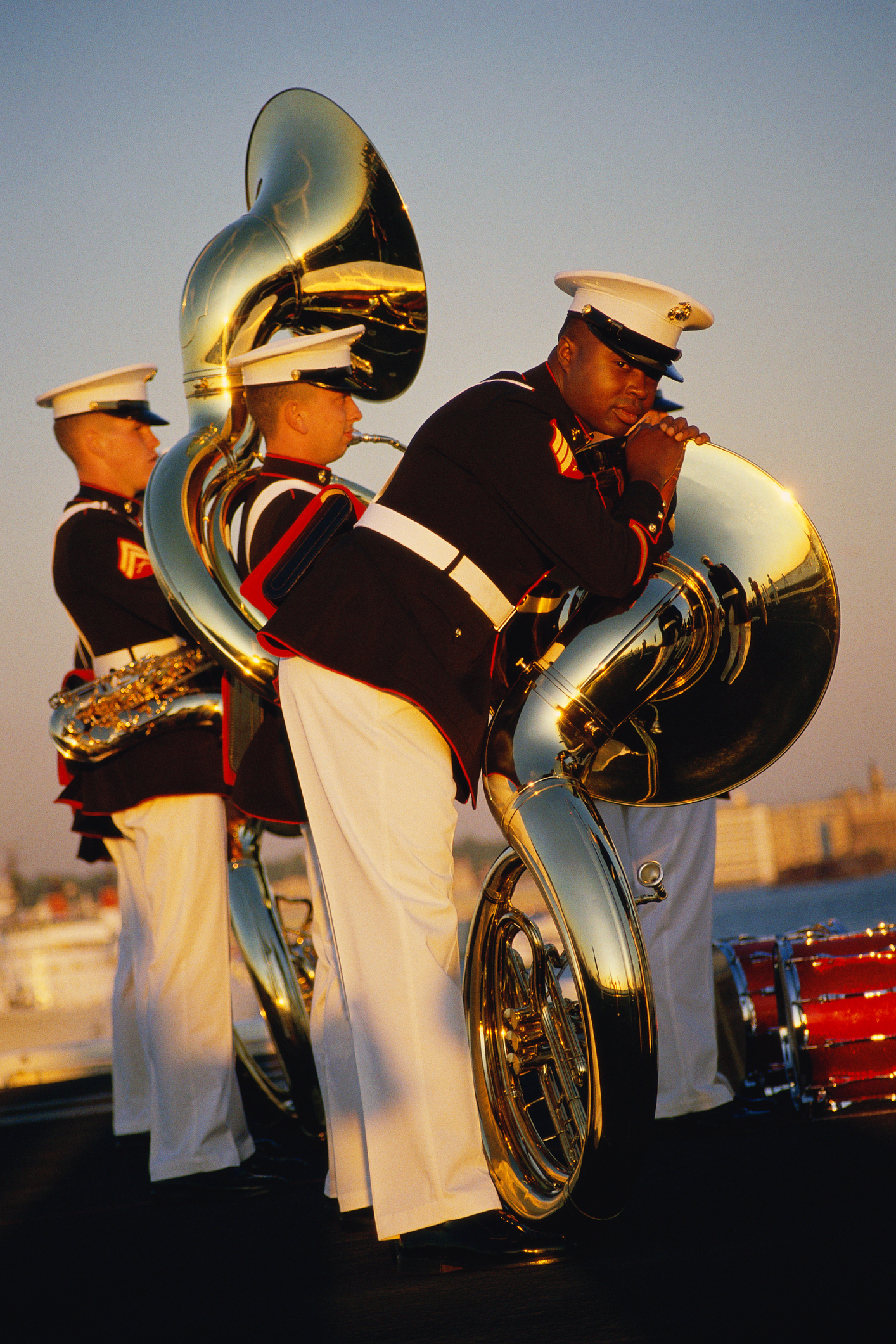 Marines with tubas preparing to march