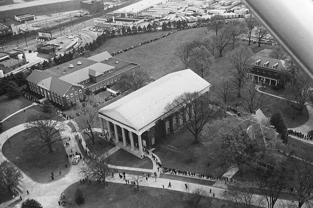 Aerial View Shows Winding Line Of People