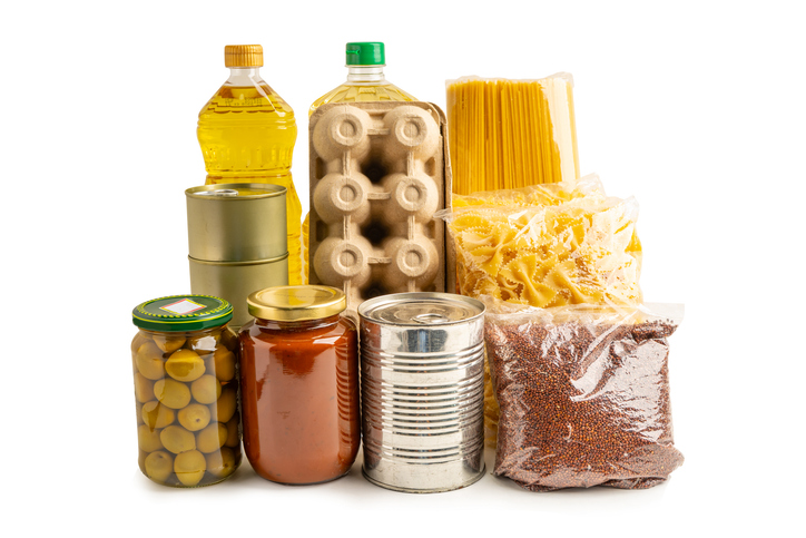 Foodstuffs collection for donation isolated on white background with clipping path.